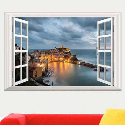 3D Window Seaside Night Removable Wall Stickers Art PVC Decal Homer Decor